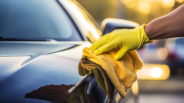 Photo car care service worker used microfiber cloth cleaning outside car