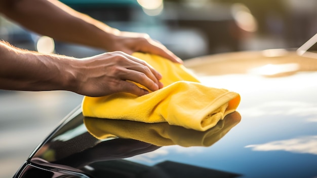 Car care service worker used microfiber cloth cleaning outside car