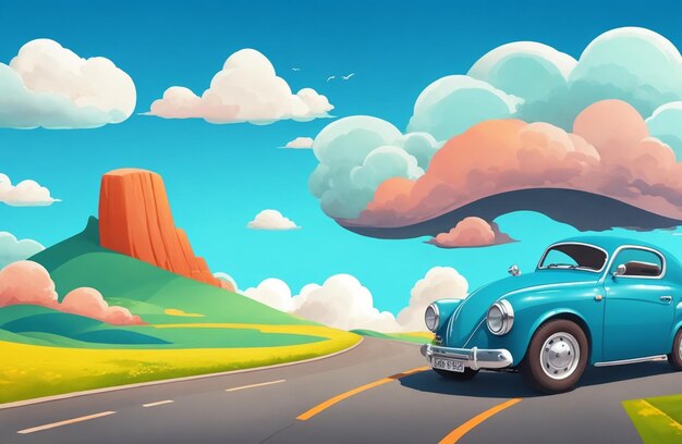 Car cartoon on cloudy landscapes