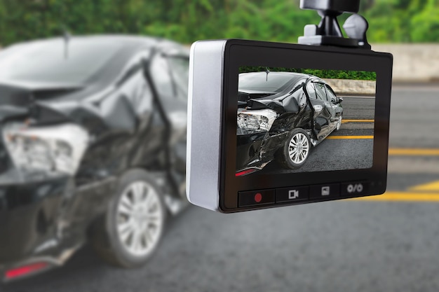 도로에서 교통사고를 당한 자동차 CCTV 비디오 녹음기