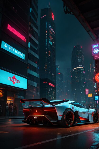 A car in the city of cyberpunk