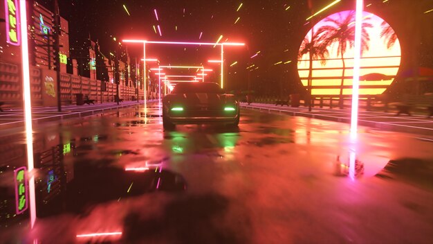 Car and city in neon style. 80s retro wave background 3d illustration. Retro futuristic car drive through neon city.