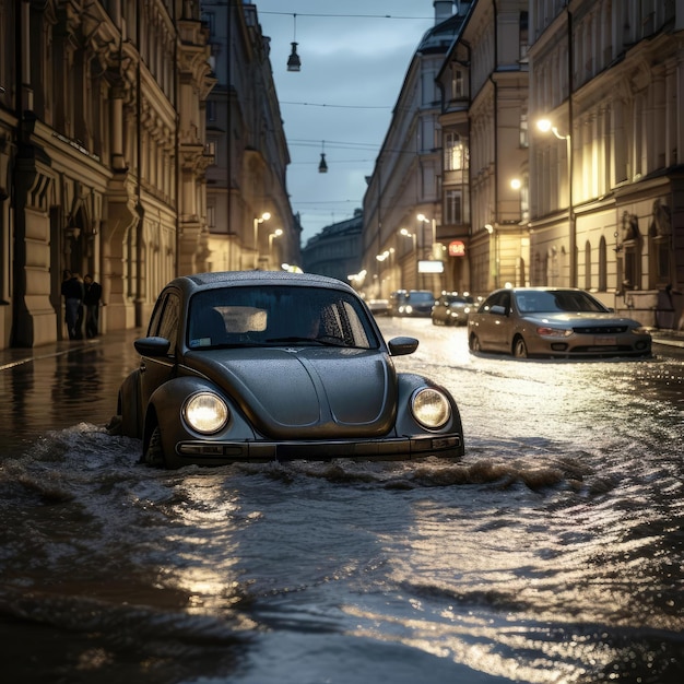 A car on a city street with a flood