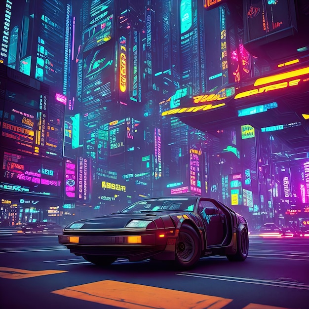 A car in a city with neon lights on the bottom