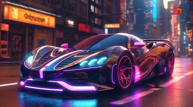 A car in the city with neon lights on the side