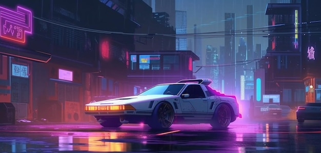 A car in the city with neon lights.