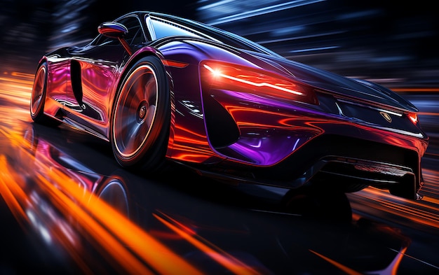 Photo car close up neon colorful supercar on highway