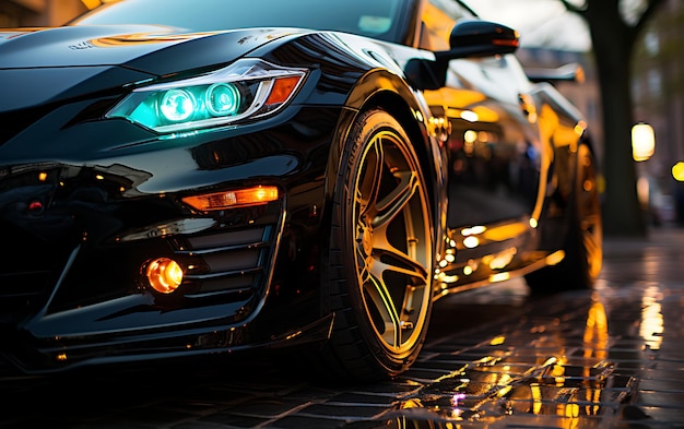 Photo car close up neon colorful supercar on highway