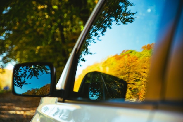 Auto vicino riflesso di alberi gialli nello specchio