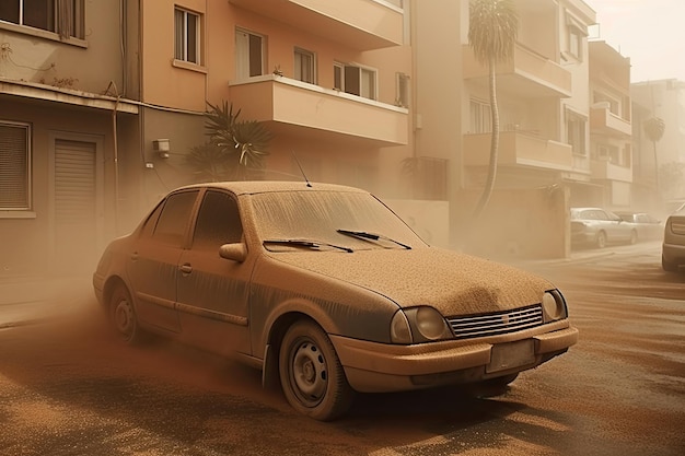 Photo car covered in dust after saharan sandstorm generative ai