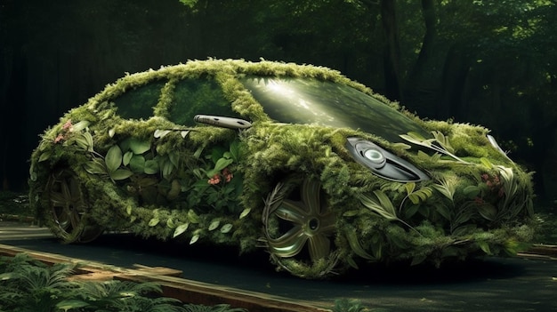 A car covered in moss is on the road.