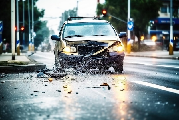 Photo car crash accident on street damaged automobiles after collision in city generative ai