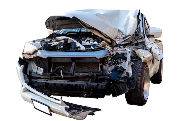 Car crash Front and Side view of white pickup car get hard damaged by accident on the road damaged cars after collision isolated on white background with clipping path