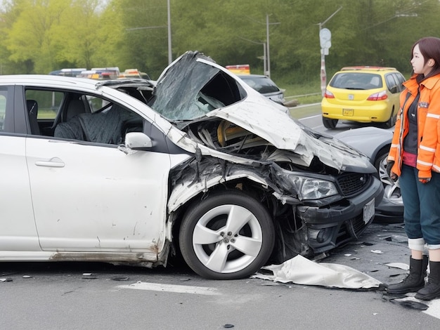 Photo on the car crash traffic accident scene side the young women lady