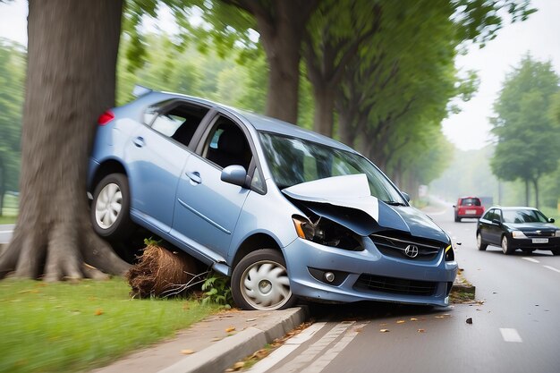 Foto incidente d'auto con la sfocatura del movimento dell'albero sullo sfondo