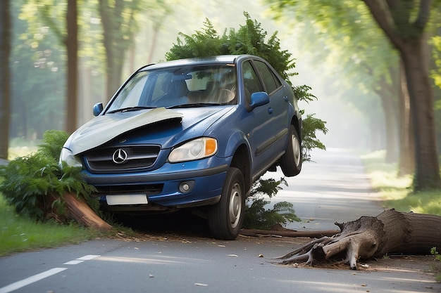 Photo car crash with tree motion blur in the background