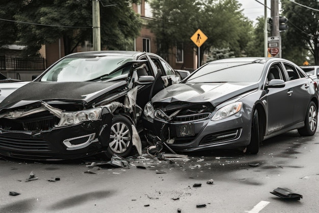 A car crashed into another car with the word car on the side.