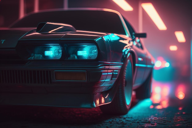 A car in a dark city with neon lights.