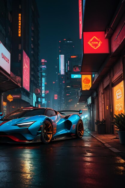 A car in a dark city with a neon sign that says'bugatti '