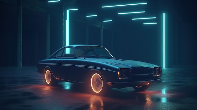 A car in a dark garage with neon lights.