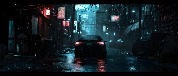 어두운 비가 오는 밤의 거리 배경의 자동차 Ai 생성