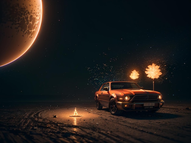 A car in the dark with a fire in the background