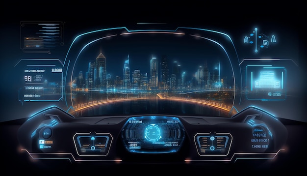 A car dashboard with a city in the background.