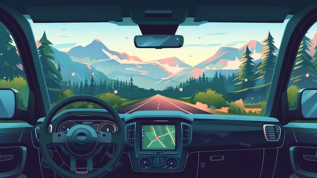 Photo a car dashboard with a forest road view through the windshield modern cartoon illustration of an automobile39s interior with a steering wheel a gps navigation display mountains on the horizon and