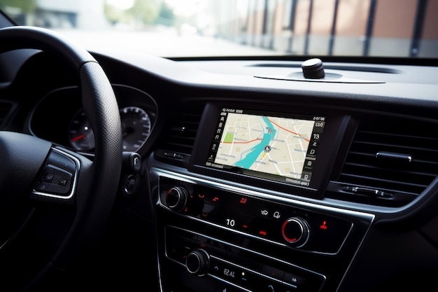 ダッシュボードの中央に GPS デバイスがあり、その後ろにステアリング ホイールがある車のダッシュボード Generative AI