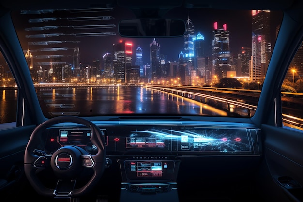 Car dashboard with modern city lights night view