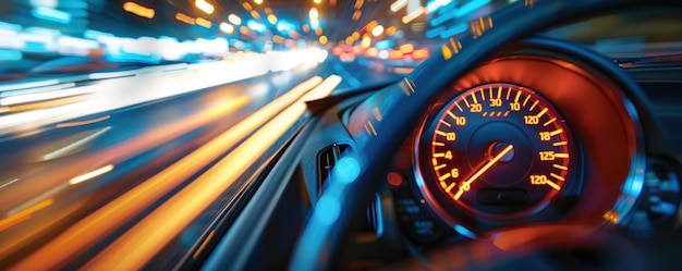 Car Dashboard With Speedometer and Blurry Lights