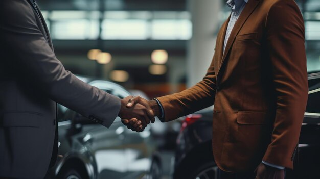 Car dealer shaking hands with customer in car shop