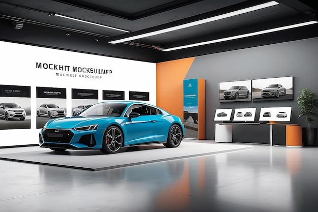 Car Dealership Branding Mockup Feature the Logo on Showroom Displays Brochures and Digital Screens