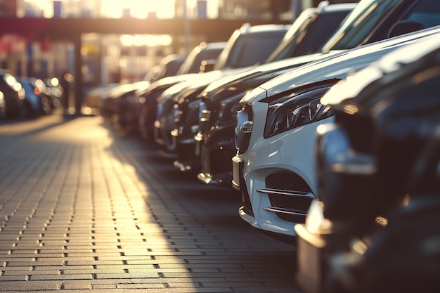 Photo car dealership is depicted with rows of new cars displayed for sale