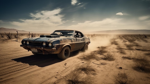 A car in the desert with the license plate that says'dodge charger '