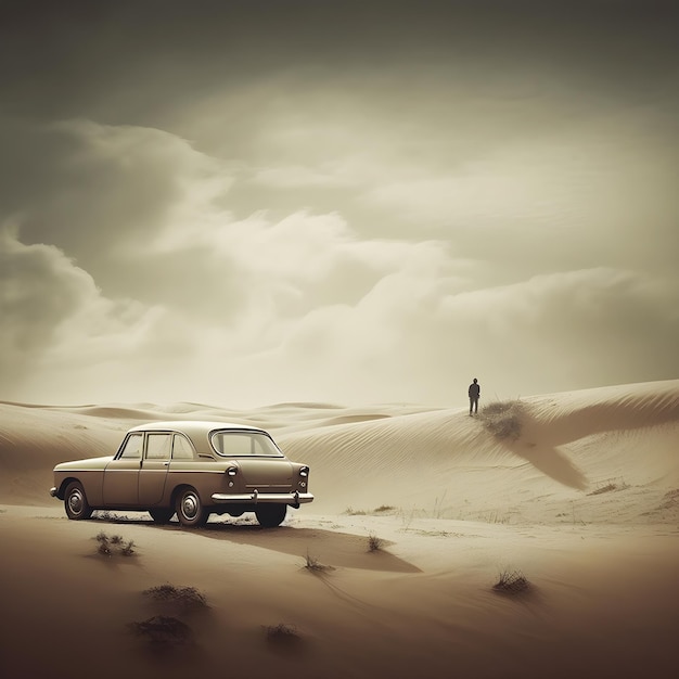 A car in the desert with a person standing on the back of it.