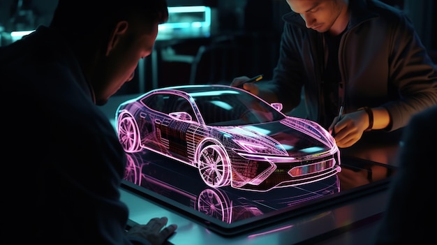 Car design engineers using holographic app in digital tablet