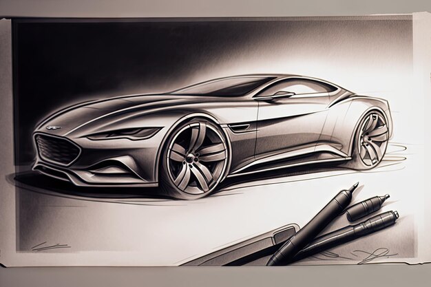 Car design pencil sketch with modern technology and sleek lines created with generative ai