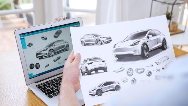写真 自動車のプロトタイプを慎重に分析する自動車デザイナー シンクロノス