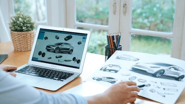 Car designer carefully analyzing car prototype Synchronos