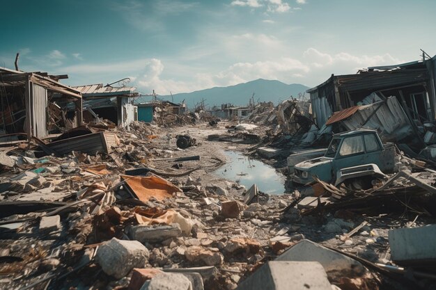 A car in a destroyed city with the word camaro on the front