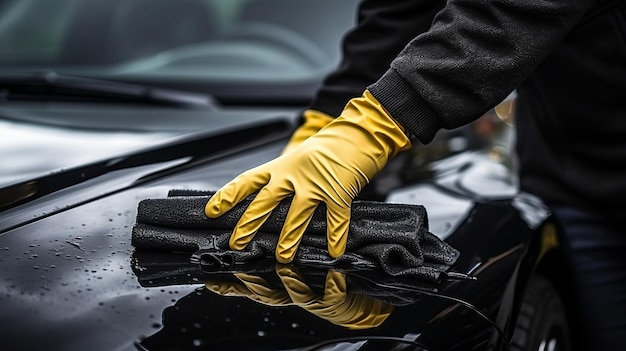 Car detailer cleaning black car with microfiber cloth close up view of valeting process