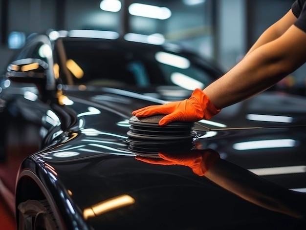 Car detailing hands with orbital polisher in car repair shop generated by AI