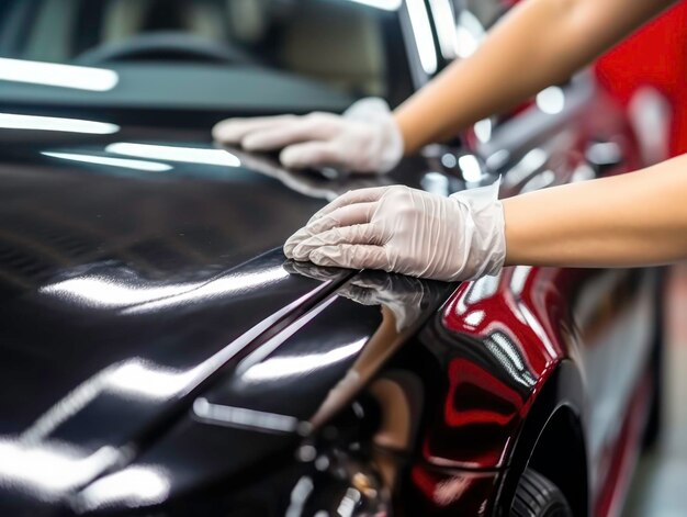 Photo car detailing hands with orbital polisher in car repair shop generated by ai