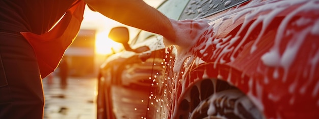 Photo car detailing the man holds the microfiber in hand and polishes the car