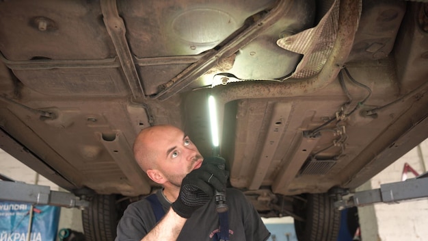 Car diagnostics an auto mechanic inspects a car auto repair\
shop breaking transmission