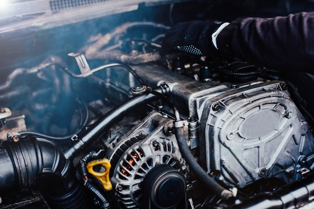 car diesel engine repair in the garage