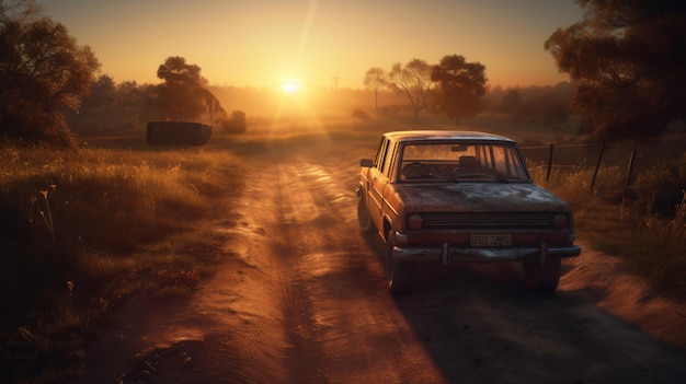 A car on a dirt road with the sun setting behind it