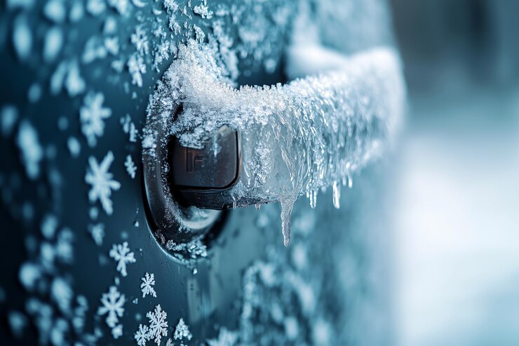 Photo car door handle coated with frost and icicles