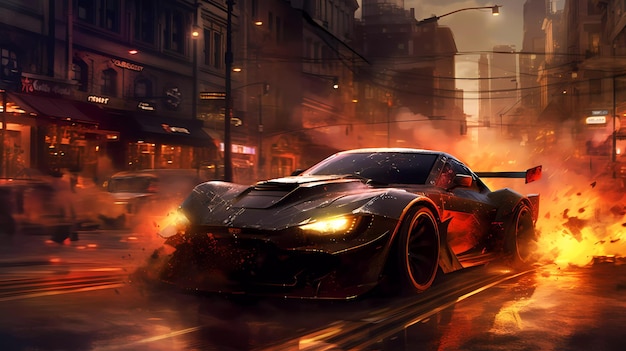 Car drifting action scene in the city at night concept art speed race